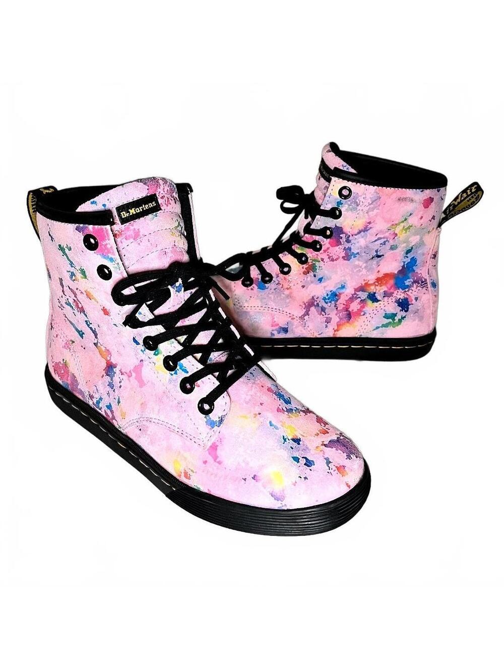 Dr. Martens Sheridan Pink Paint Splatter Lace-Up Boots Size 6